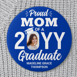 Graduate Photo Proud Mom Modern Royal Blue & White 7.5 Cm Round Badge