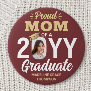 Graduate Photo Proud Mum Burgundy Red and Gold 7.5 Cm Round Badge