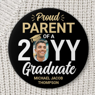 Graduate Photo Proud Parent Elegant Black and Gold 7.5 Cm Round Badge