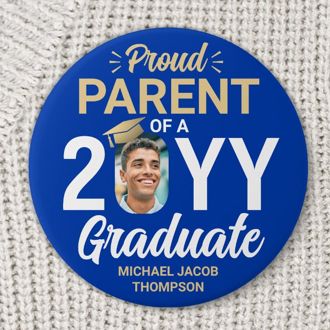 Graduate Photo Proud Parent Royal Blue and Gold 7.5 Cm Round Badge (Creator Uploaded)
