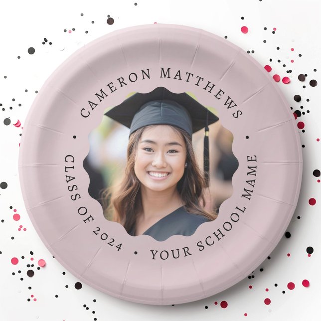 Graduate photo rose taupe wavy border graduation paper plate (Graduate photo rose taupe wavy border graduation paper plates)