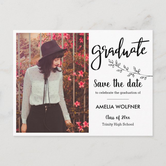Graduate Photo | Save The Date Elegant Botanical   Announcement Postcard (Front)