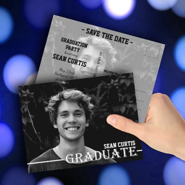 GRADUATE Photo Save the Date Postcard (Photo graduation Save the Date postcards feature your details on the back)