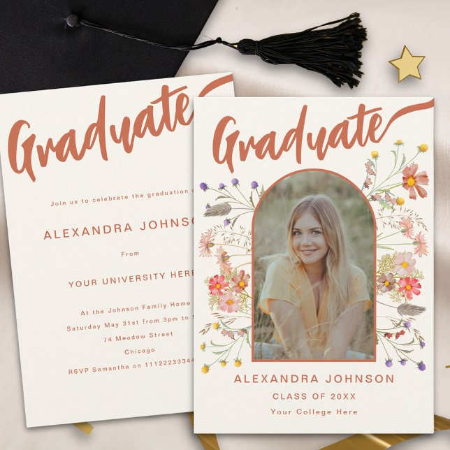 Graduate Photo Script Boho Floral Graduation Party Invitation (Wildflower boho graduate photo arch burnt orange script Graduation party invitation watercolor)
