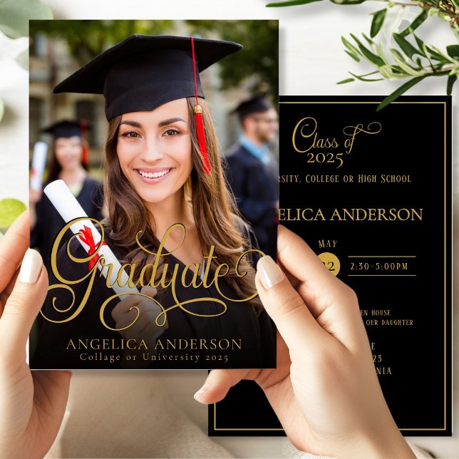 Graduate Photo Script Gold Black Invitation (Creator Uploaded)