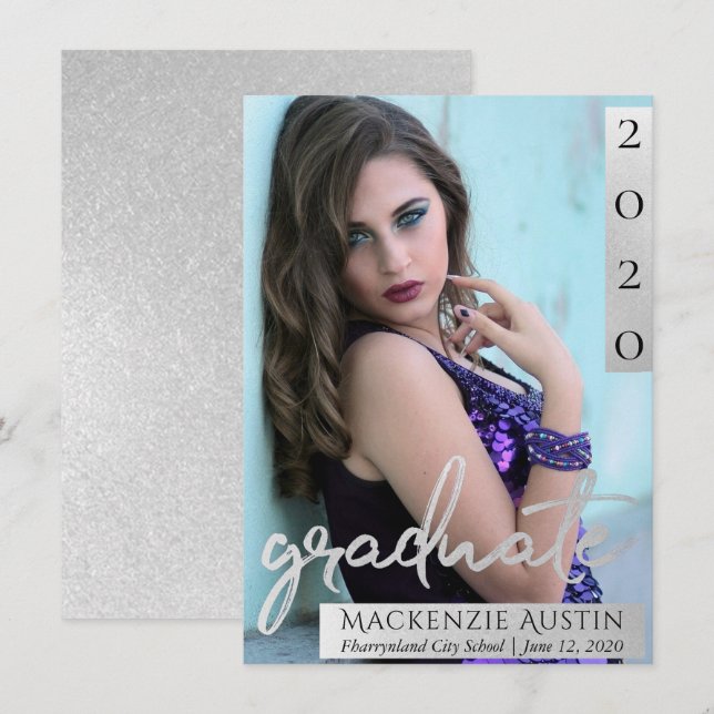 Graduate Photo | Silver Script Brush Grad Keepsake Announcement (Front/Back)