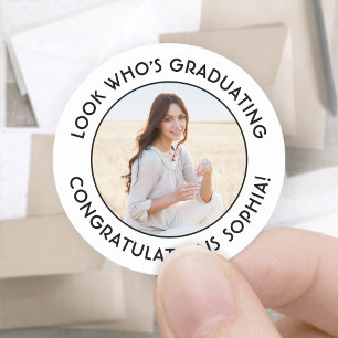 Graduate Photo Simple Black and White Graduation Classic Round Sticker