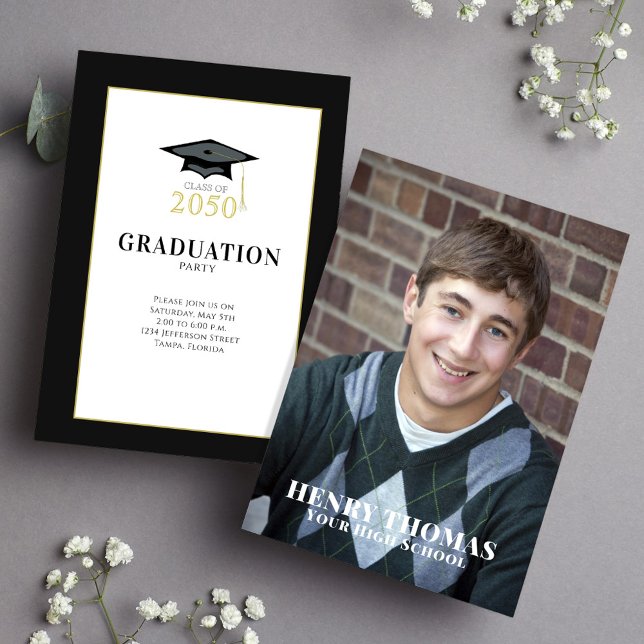 Graduate Photo Simple Minimalist Classic Hat Invitation (Graduation photo invitation with classic black and gold mortarboard. )