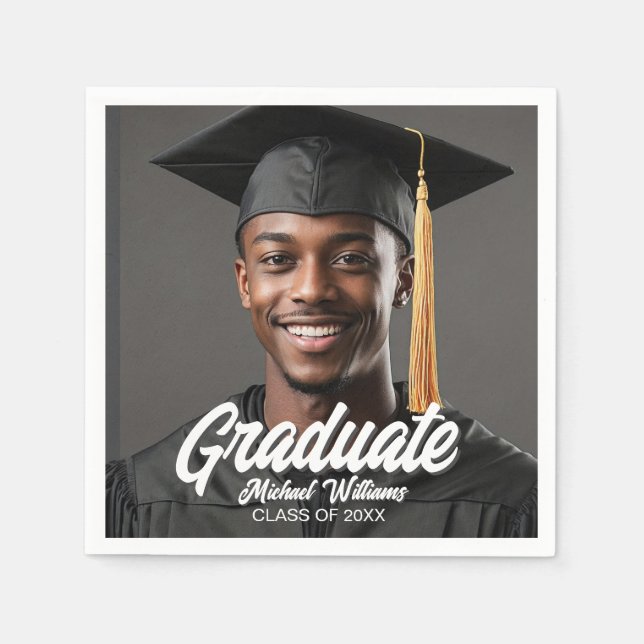 Graduate Photo w Bold Script Graduation Party Napkin (Front)