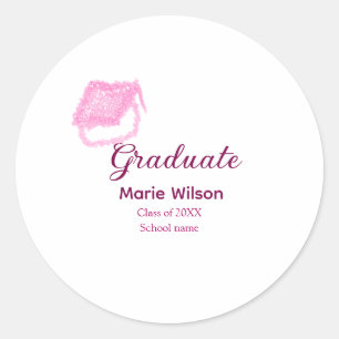 graduate pink glitter graduation cap add name clas classic round sticker