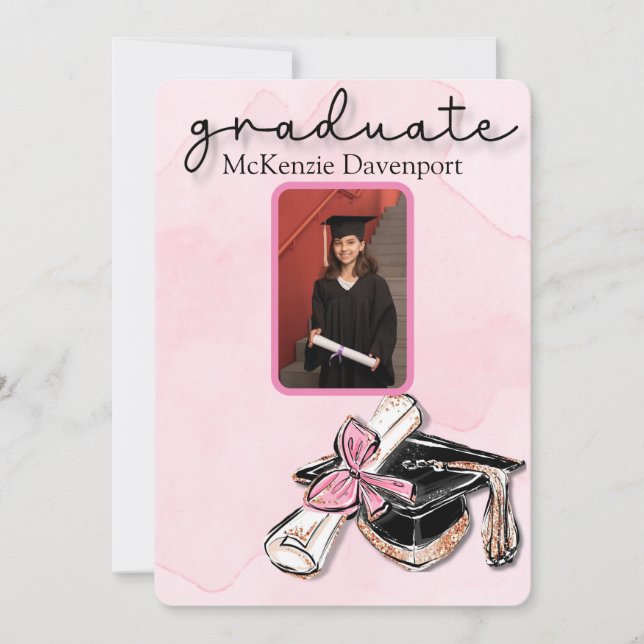 Graduate Pink Gold Glitter Cap Diploma Add Photo Invitation (Front)