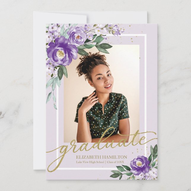 Graduate Purple Floral Grad Announcement Photo (Front)