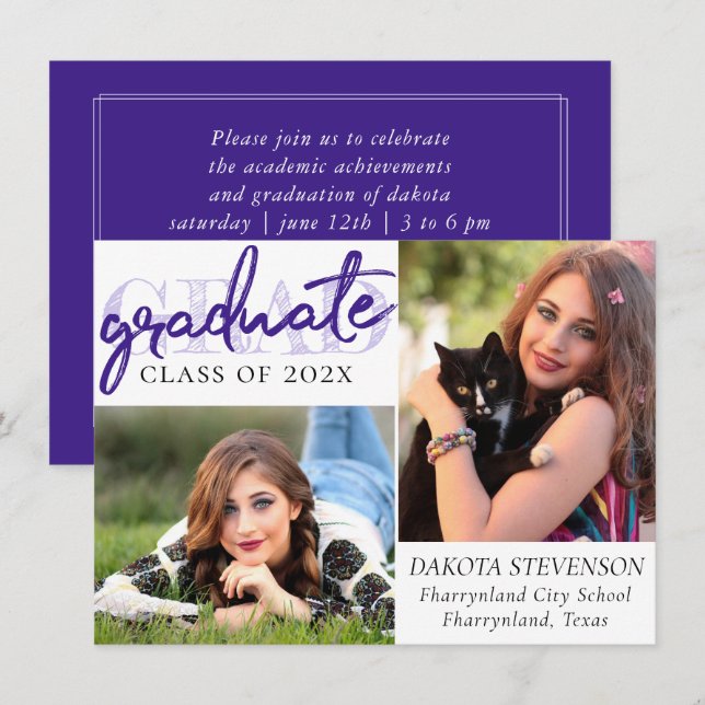 Graduate Purple Script | Chic Lavender 2 Photo Invitation (Front/Back)