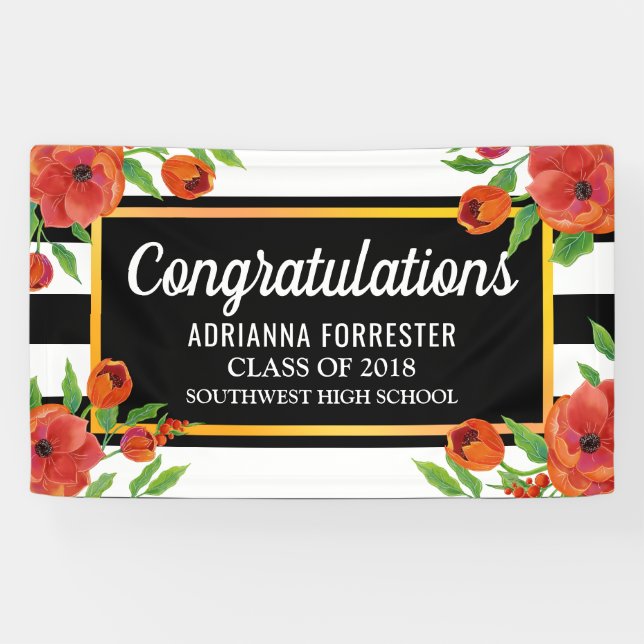 Graduate Red Florals | Black White Stripes Banner (Horizontal)