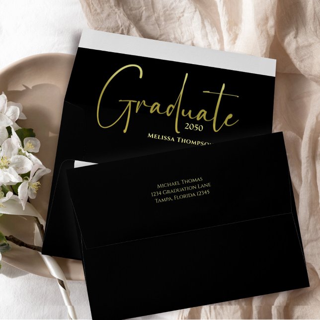 Graduate Return Address Gold Calligraphy Envelope (Black and gold graduation envelope with return address. )