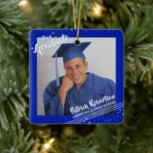 Graduate, Royal Blue Border & Stars, Two-Photo Ceramic Ornament