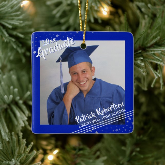 Graduate, Royal Blue Border & Stars, Two-Photo Ceramic Ornament (Tree)