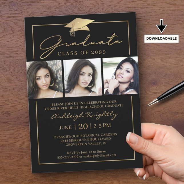 Graduate Script 3 Photos Black Gold Invitation (Creator Uploaded)