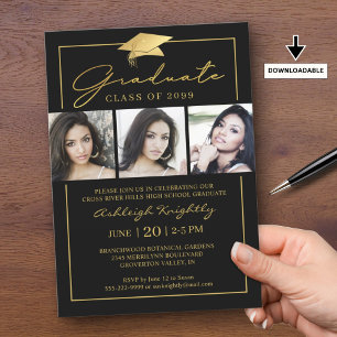 Graduate Script 3 Photos Black Gold Invitation