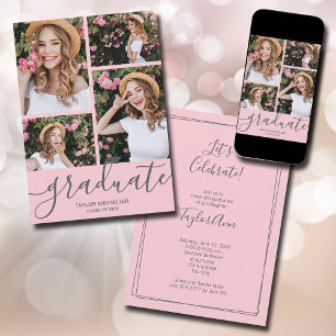 Graduate Script 4 Photo Pink Graduation Announcement