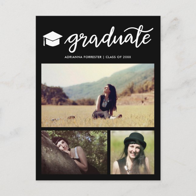 Graduate Script Black Graduation Photo Collage Invitation Postcard (Front)