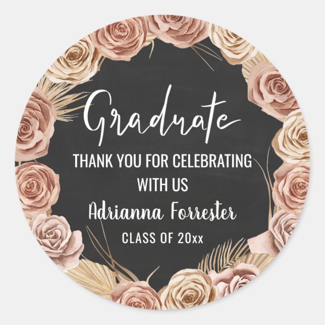 Graduate Script Boho Roses Wreath Chalkboard Classic Round Sticker (Front)