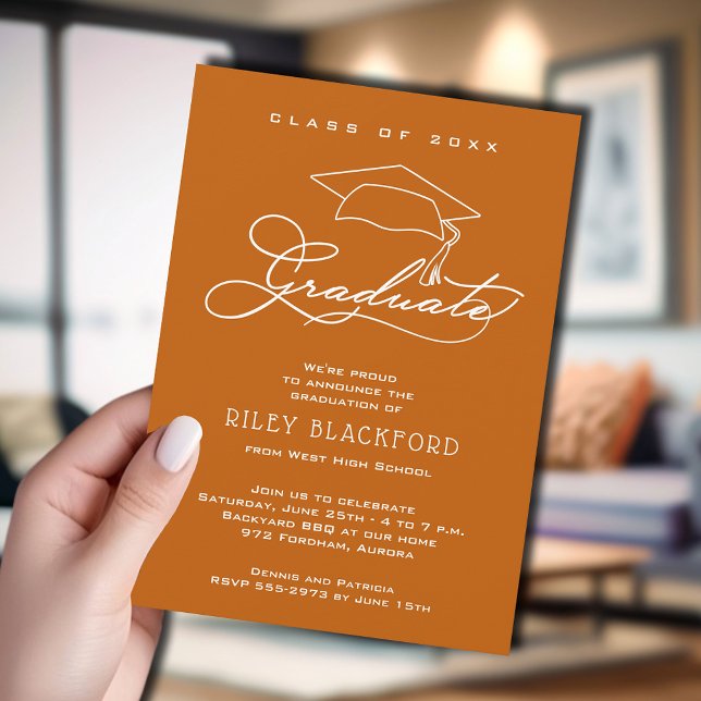 Graduate Script Burnt Orange Graduation Announcement (Burnt orange graduation announcement cards feature your details in chic white lettering.)