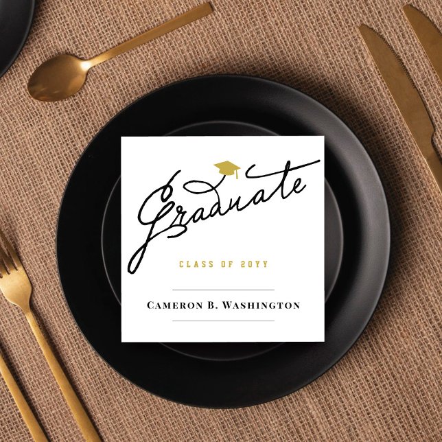 Graduate Script Grad Cap Simple Graduation Party Napkin (Modern Stylish Graduate Script Graduation Cap Simple Grad Party Napkin @ zazzle.com/color_therapy)