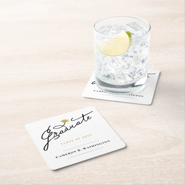 Graduate Script Grad Cap Simple Graduation Party Square Paper Coaster (Insitu)