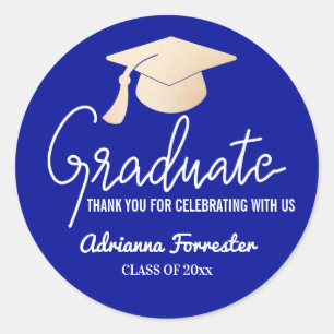 Graduate Script   Grad Hat   Thank You Blue Classic Round Sticker