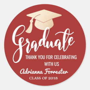 Graduate Script   Grad Hat   Thank You Dark Red Classic Round Sticker