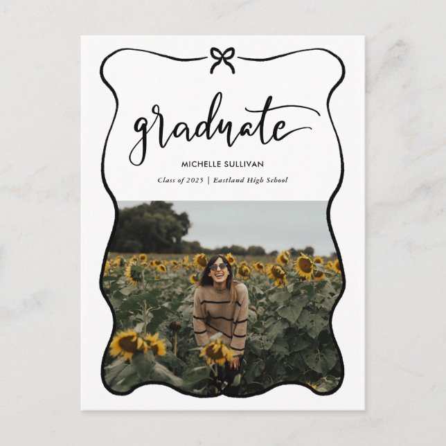 Graduate Script Handwritten Cute Bow Heart | Photo Announcement Postcard (Front)
