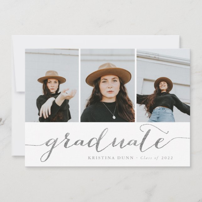 Graduate Script Silver Photo Collage | Graduation Invitation (Front)