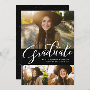 Graduate script three photo black graduation invitation