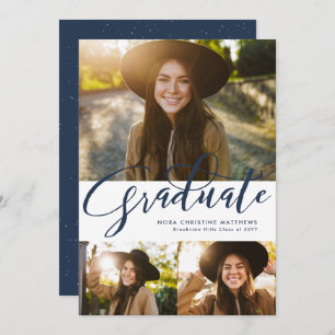 Graduate script three photo navy blue graduation invitation