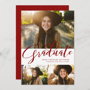 Graduate script three photo red graduation invitation