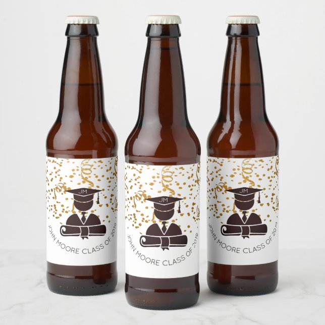 Graduate Silhouette And Diploma And Confetti Beer Bottle Label (Bottles)
