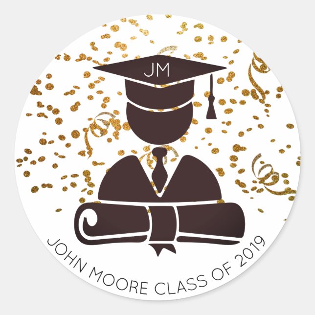 Graduate Silhouette Diploma Party Confetti Classic Round Sticker (Front)