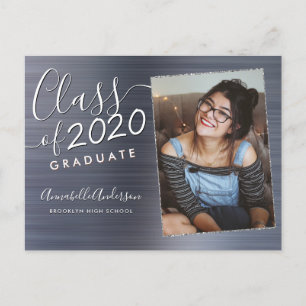 Graduate Silver Brushed Metal Photo Graduation Announcement Postcard