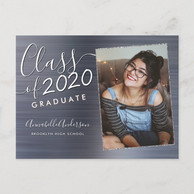 Graduate Silver Brushed Metal Photo Graduation Announcement Postcard (Front)
