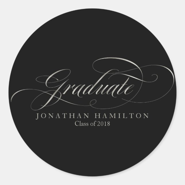 Graduate Silver Foil Fancy Script Graduation Classic Round Sticker (Front)