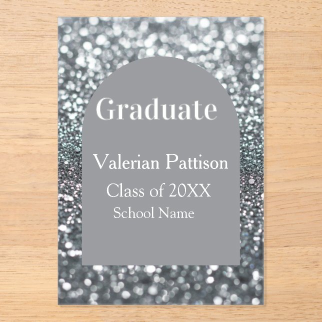 Graduate silver gray glitter arch shape name year acrylic invitations (Front)