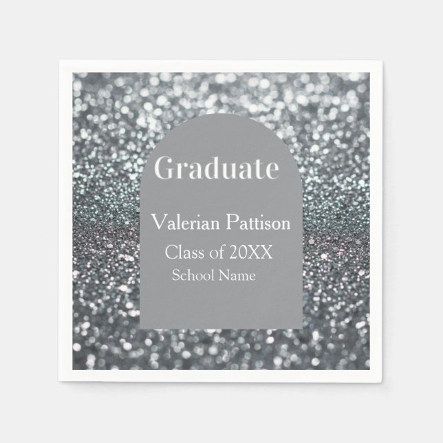 Graduate silver gray glitter arch shape name year napkin (Front)