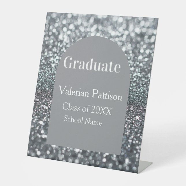Graduate silver gray glitter arch shape name year pedestal sign (Front)