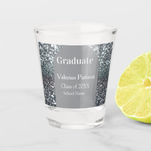 Graduate silver gray glitter arch shape name year shot glass