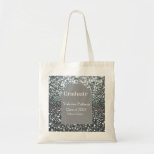Graduate silver gray glitter arch shape name year tote bag