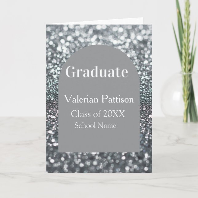 Graduate silver grey glitter arch shape name year card (Front)