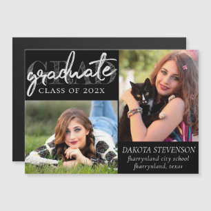 Graduate Silver Script Brush 2 Photo Keepsake Magnetic Invitation