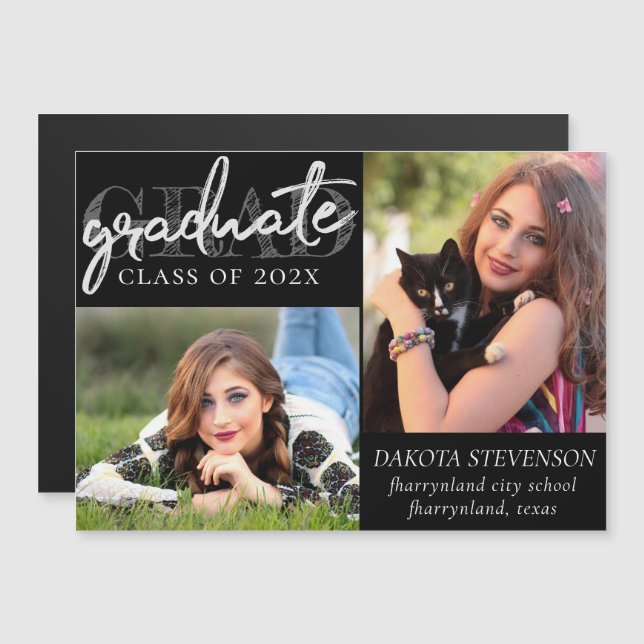 Graduate Silver Script | Brush 2 Photo Keepsake Magnetic Invitation (Front/Back)