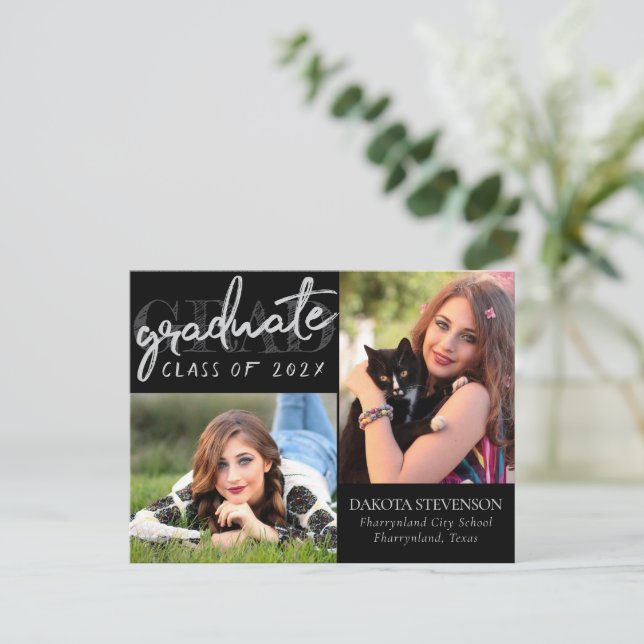 Graduate Silver Script | Grad Photo Thank You Postcard (Standing Front)
